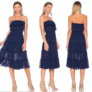 MISA LA Navy Micaela Off Shoulder Strapless Tiered Midi Dress Sz S